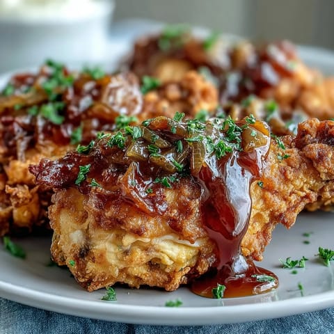 Golden fried chicken smothered in savory onion gravy, served with mashed potatoes for a comforting Southern meal.