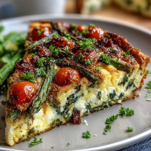 Healthy Easy Spring Veggie Frittata with fresh asparagus, spinach, and feta, baked until golden and fluffy.  