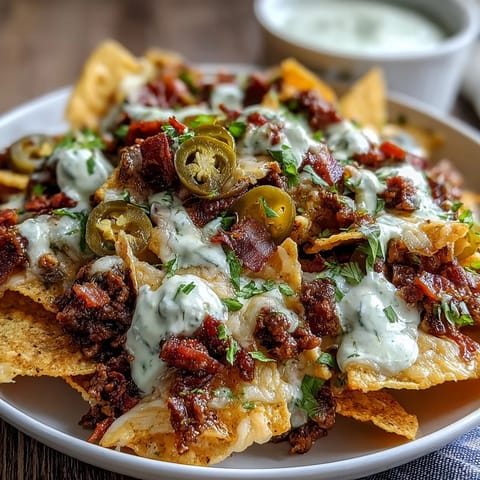 A sizzling plate of Loaded Baseball Nachos with melted cheese sauce, seasoned beef, and spicy jalapeños, perfect for game day snacking.