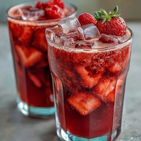 Vibrant strawberry açaí coconut beverage, blended until smooth and topped with juicy fresh berries.  