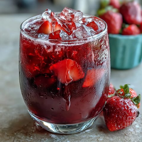 A refreshing strawberry açaí drink with açaí powder, grape juice, and green coffee extract, served chilled.