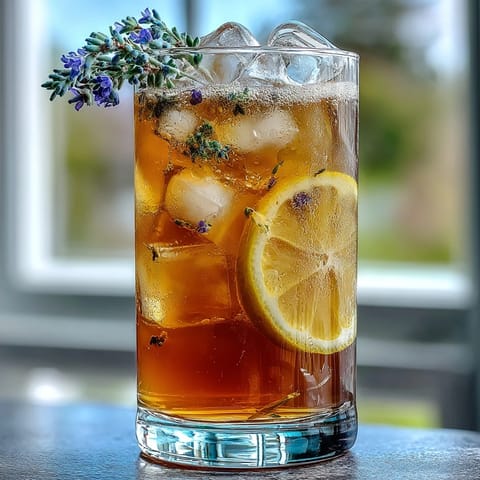 Lavender Lemonade Spritz in a chilled glass with lemon slices and lavender sprigs, perfect for summer sipping.