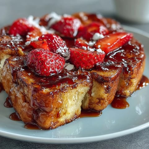 A golden strawberry French toast bake with fresh berries and fluffy brioche, perfect for spring brunch.  