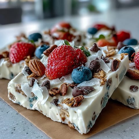 Frozen yogurt bark with berries and granola, a colorful, healthy summer treat with creamy yogurt and juicy berries.