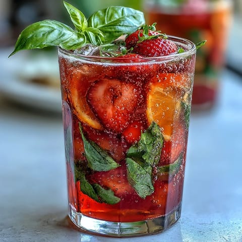 Strawberry Basil Sangria Mocktail in a glass pitcher with fresh basil and citrus slices, a vibrant alcohol-free summer drink.  