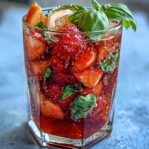 Refreshing Strawberry Basil Sangria Mocktail with juicy strawberries, lemon, and orange slices, perfect for festive gatherings.  