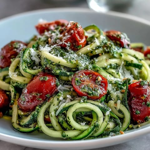 Fresh zucchini noodles tossed in vibrant basil pesto with juicy cherry tomatoes, a healthy summer meal perfect for light dinners.  