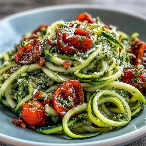 Vibrant plate of spiralized zucchini with homemade pesto, cherry tomatoes, and Parmesan, an easy vegetarian Mediterranean dish.  