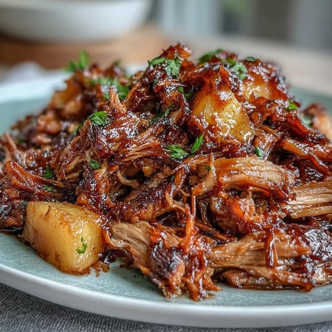 Slow cooker honey peach BBQ pulled pork with juicy peaches and tender meat.