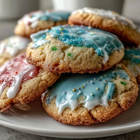 Delicate lemon cookies topped with soft pastel glaze, ideal for festive spring gatherings or Easter brunch.