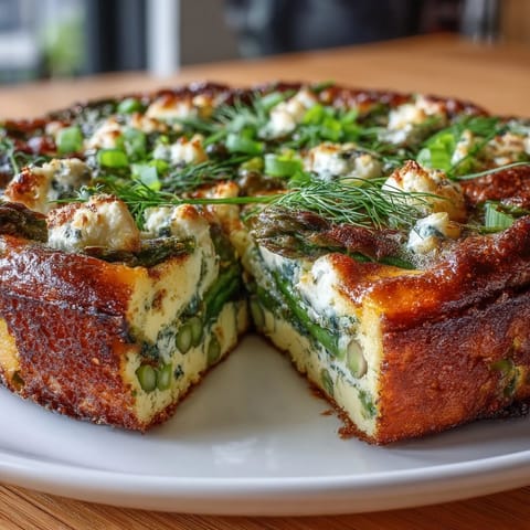 Spring Frittata with Asparagus, Peas and Goat Cheese - golden baked eggs loaded with vibrant green vegetables and creamy goat cheese, perfect for a light brunch or vegetarian dinner.  