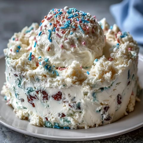 Festive Funfetti Dip Cake decorated with cheerful sprinkles, perfect for spring birthday parties and joyful celebrations.  