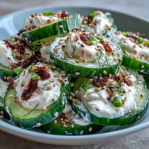 Fresh cucumber salad tossed in creamy everything bagel dressing with green onions and dill, perfect for a light lunch or healthy snack.  