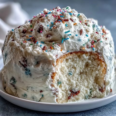 A colorful slice of Spring Birthday Party Sprinkle Funfetti Dip Cake with creamy layers and rainbow sprinkles on top.  