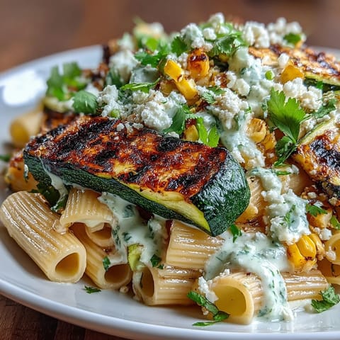 Pasta salad with grilled zucchini, corn, and Cotija cheese, topped with a zesty lime dressing and fresh cilantro.  