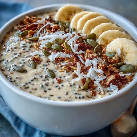 Creamy high fiber smoothie bowl with banana, topped with fresh fruits and granola.