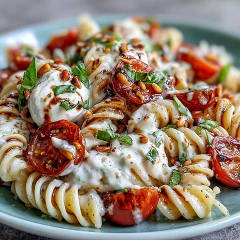 Vibrant, light Summer Caprese Pasta with burrata, ready to serve.