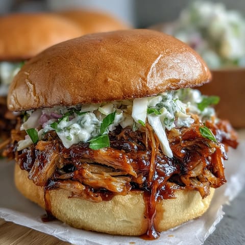 Tangy BBQ Pulled Jackfruit Sandwiches piled high on toasted buns.