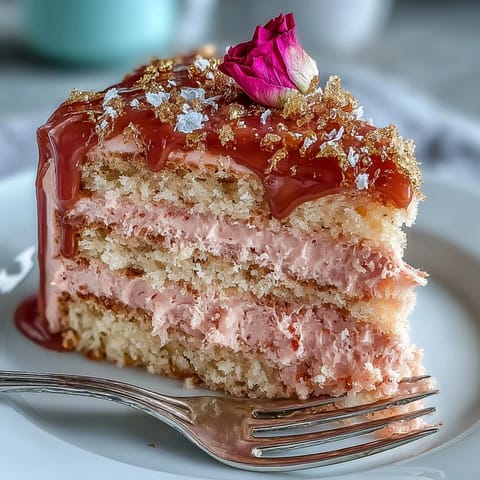 A beautiful pink velvet cake with rosé wine, adorned with a luxurious gold drip.