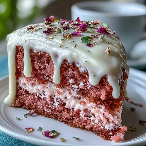 Radiant rosé velvet cake with shimmering gold drip, perfect for bridal showers.