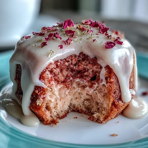 Elegant pink velvet cake, infused with rosé and adorned with edible gold.