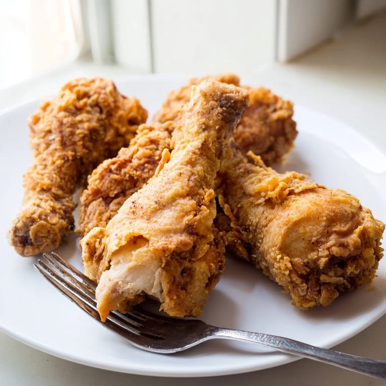 Four pieces of golden Fried Chicken served on a rustic plate with creamy coleslaw. 