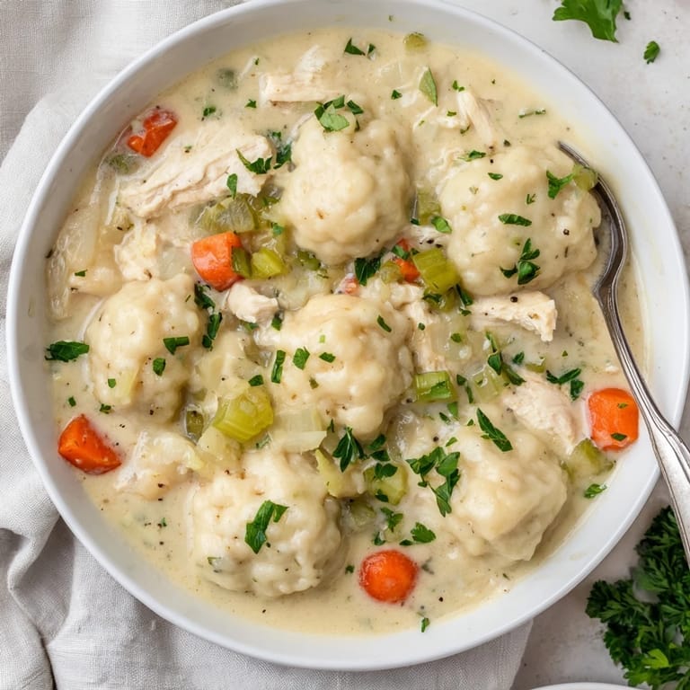 Homemade Chicken and Dumplings served steaming hot in a rustic bowl with fresh parsley garnish.