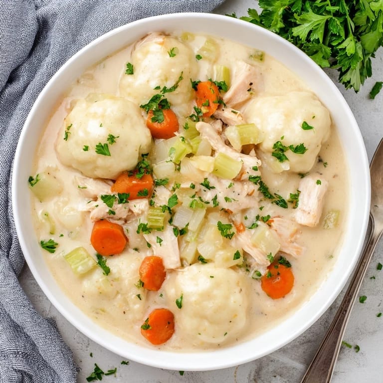 Spoonfuls of fluffy dumplings peeking from rich Chicken and Dumplings broth beside sliced carrots.