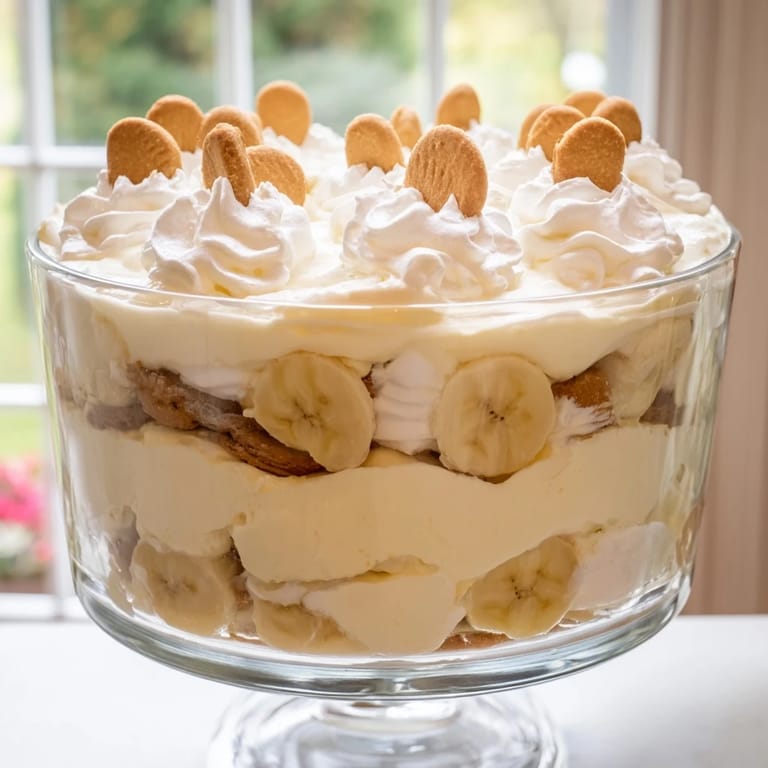 A trifle bowl filled with homemade Banana Pudding, crowned with a generous dollop of sweet whipped cream.