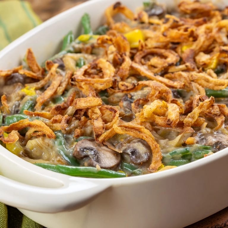 Homemade Green Bean Casserole in a skillet, featuring sautéed mushrooms, fresh green beans, and rich creamy sauce ready to bake.