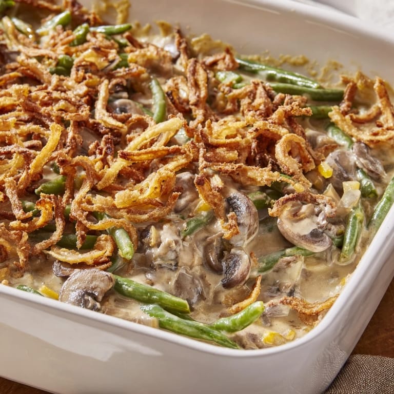 Festive Green Bean Casserole served as a side dish with crispy fried onion topping, perfect for Thanksgiving dinner or family meals.