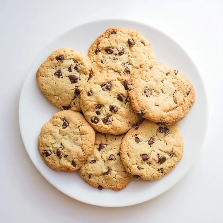 Four warm Chocolate Chip Cookies stacked on a white plate, with a glass of milk for dipping.