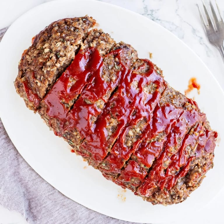 Golden brown classic meatloaf with a caramelized glaze, ready to be served for a comforting family dinner with a side of gravy.