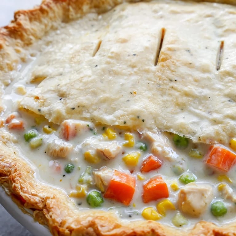 Freshly baked Chicken Pot Pie served steaming hot, ready to be paired with a green salad.