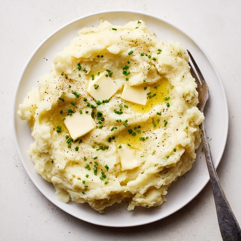 Creamy mashed potatoes, garnished with fresh chives, a perfect meal addition.