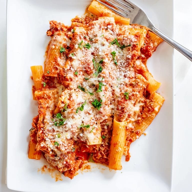 Close-up of Baked Ziti casserole showing golden brown cheese pull and rich tomato sauce between tender pasta noodles, ready to serve.