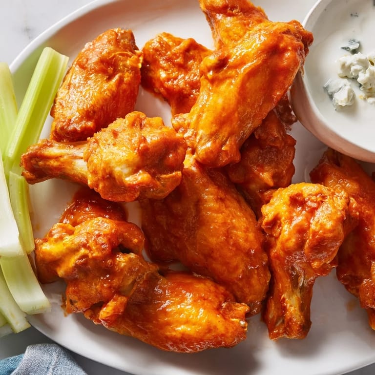 Crispy fried Buffalo Wings piled high, ready for game day with celery sticks and creamy dip.