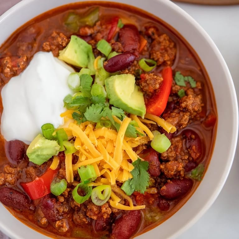 Steaming pot of homemade Chili con Carne with kidney beans and peppers, ready for a cozy Tex-Mex family dinner.
