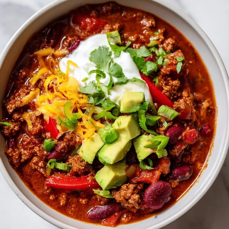 Colorful serving of Chili con Carne with diced avocado and green onions, spooned into a rustic bowl for game day.