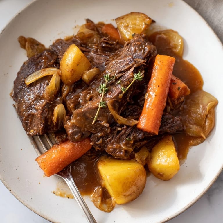 Hearty Beef Pot Roast sliced over mashed potatoes with a drizzle of red wine gravy.