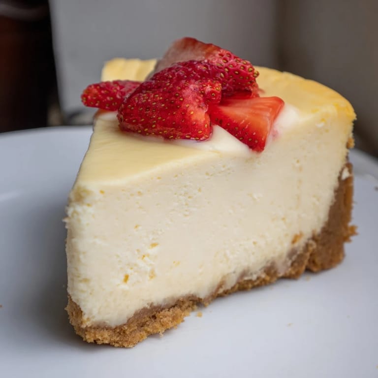 Fresh strawberry compote and a drizzle of dark chocolate garnish this rich, classic New York Cheesecake dessert.