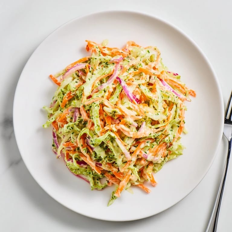 A close-up of creamy Coleslaw showing shredded cabbage and carrots tossed in tangy mayonnaise dressing.