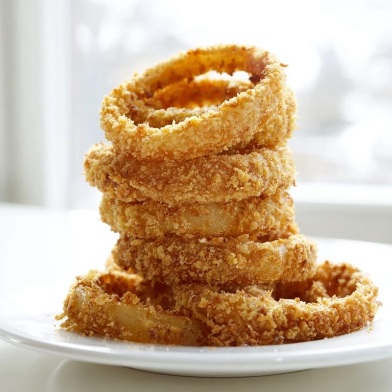Glistening, deep-fried Onion Rings stacked on a platter, seasoned with paprika and garlic powder, ready to be dunked in ketchup.