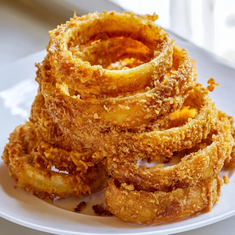 Freshly prepared Onion Rings featuring thick-cut yellow onions in a tempura-style batter, fried to a perfect crunch and served immediately.
