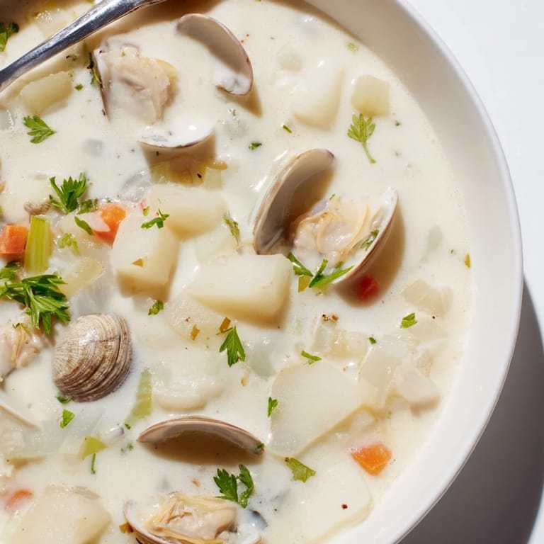 Warm New England clam chowder in a white ceramic bowl, steaming on a table with crusty bread and a spoon.