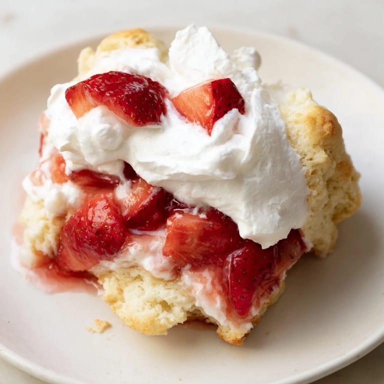 Homemade Strawberry Shortcake with golden biscuits, vibrant red berries, and pillowy whipped cream, perfect for a summer gathering.