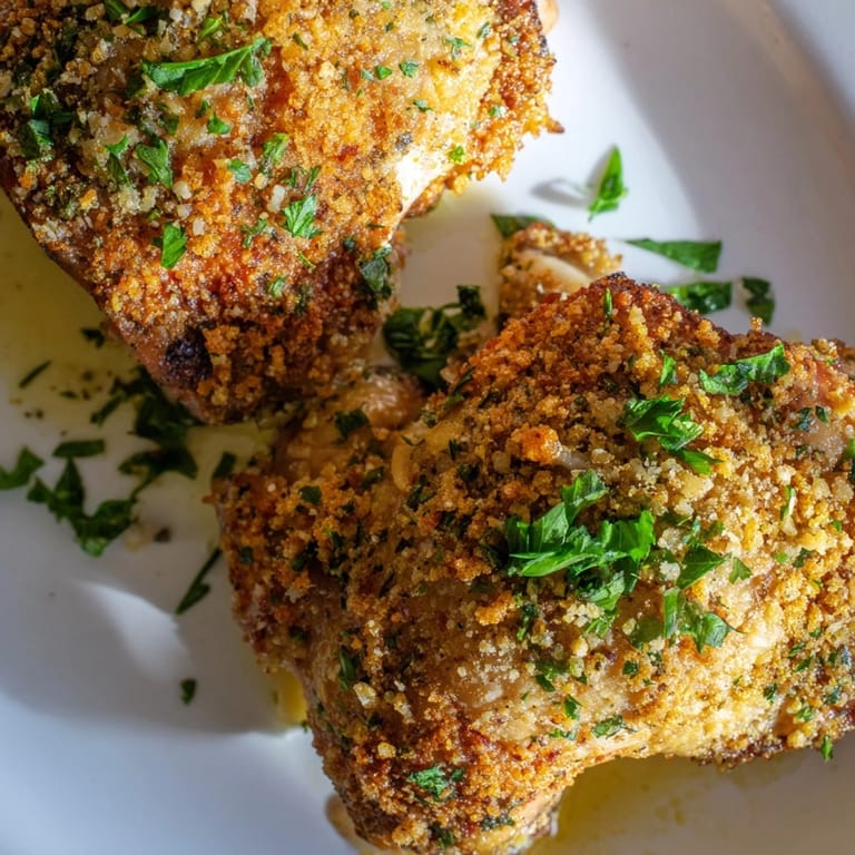 Close-up of Roasted Garlic Parmesan Chicken sliced to reveal juicy interior, with melted Parmesan and breadcrumbs forming a delicious golden crust.