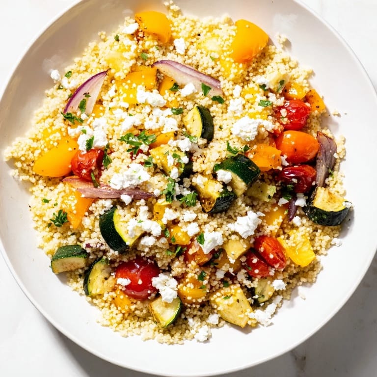 Colorful bowl of roasted vegetable couscous salad with parsley and mint, perfect as a light vegetarian main or a vibrant side dish.