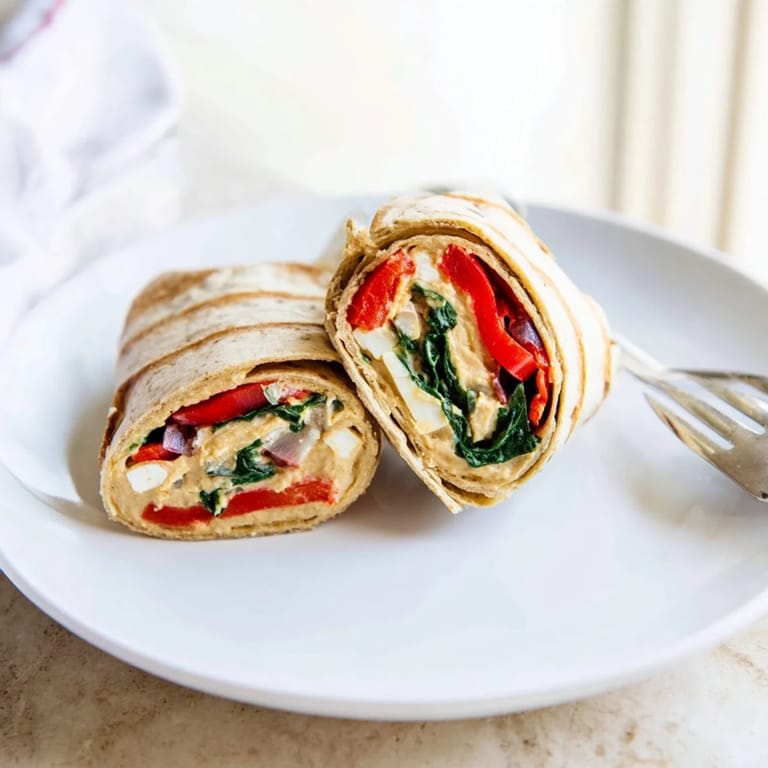 A vibrant Mediterranean Veggie Wrap with hummus, smoky roasted peppers, and fresh spinach, neatly rolled and cut for easy, satisfying eating.