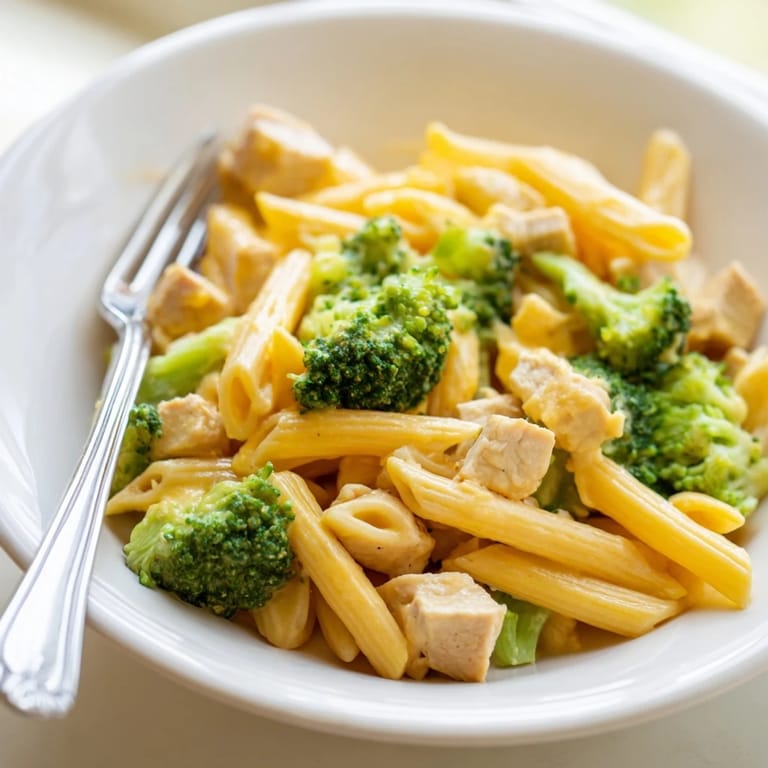 A family-style skillet dinner of Chicken Broccoli Cheddar Pasta served alongside warm garlic bread and a crisp green salad.
